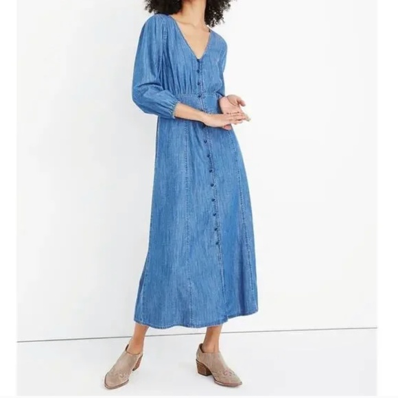 Madewell Denim Pieced Waist Midi Dress Mariden Wash Button Front (size 0) - Picture 1 of 7